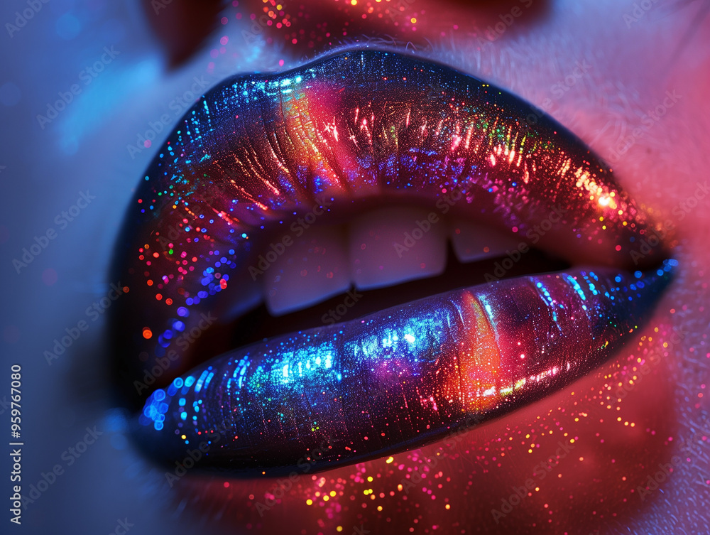 lips with a glossy finish and a dazzling metallic glitter effect. The close-up detail captures the allure and sophistication of high-end makeup, lips with a glossy finish and a dazzling metallic glitter effect. The close-up detail captures the allure and sophistication of high-end makeup,