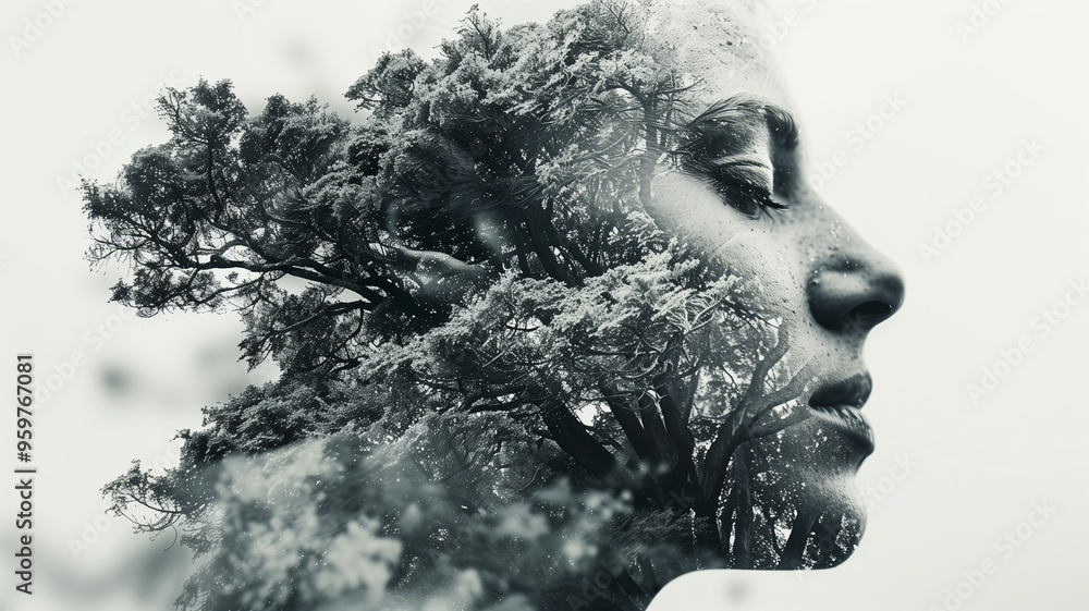 A stunning double exposure image combining a serene human profile with a flourishing tree, symbolizing the deep connection between humanity and nature. A stunning double exposure image combining a serene human profile with a flourishing tree, symbolizing the deep connection between humanity and nature.