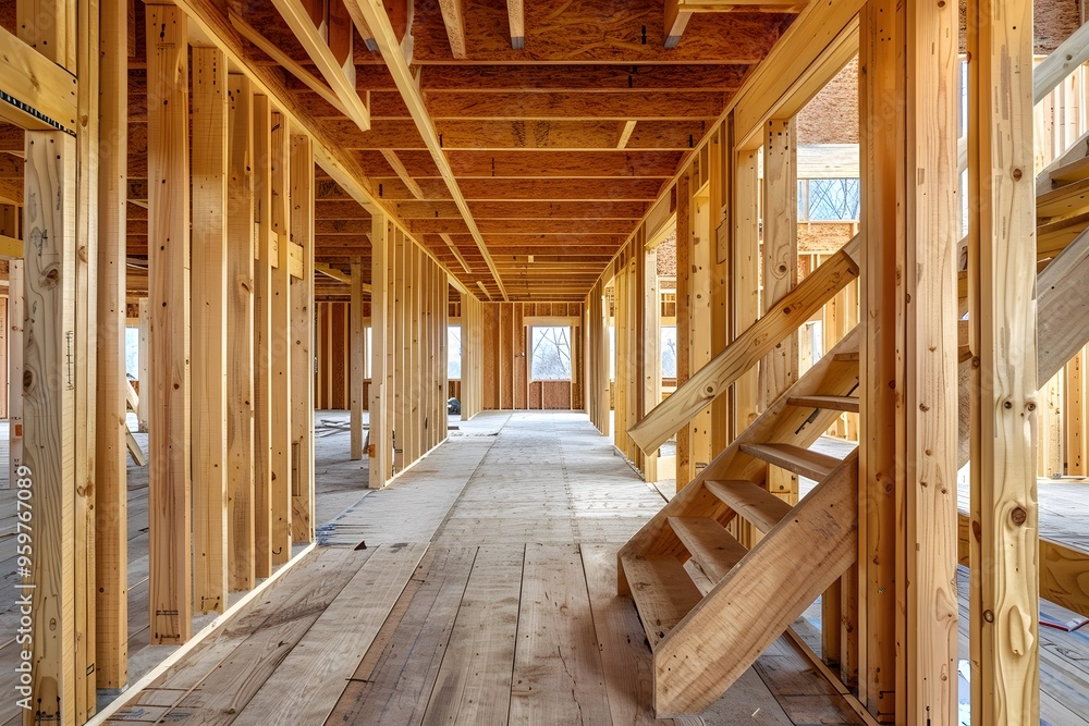 Interior View of a Wooden Frame House Under Construction Interior View of a Wooden Frame House Under Construction