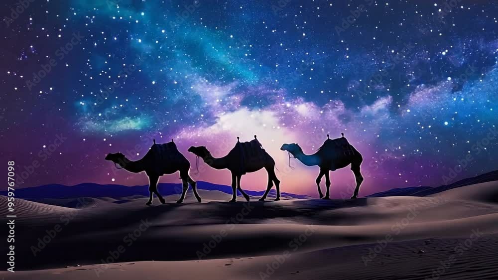 A group of camels are walking across a desert at night A group of camels are walking across a desert at night
