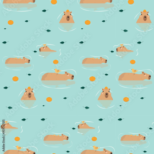 Cute capybara swimming with tangerines seamless pattern.