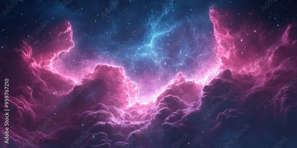 Dreamy Pink and Blue Clouds Under Starry Night Sky and Galaxy, Vibrant Cosmic Nebula in Deep Space with Stars and Galaxies Across the Universe Dreamy Pink and Blue Clouds Under Starry Night Sky and Galaxy, Vibrant Cosmic Nebula in Deep Space with Stars and Galaxies Across the Universe