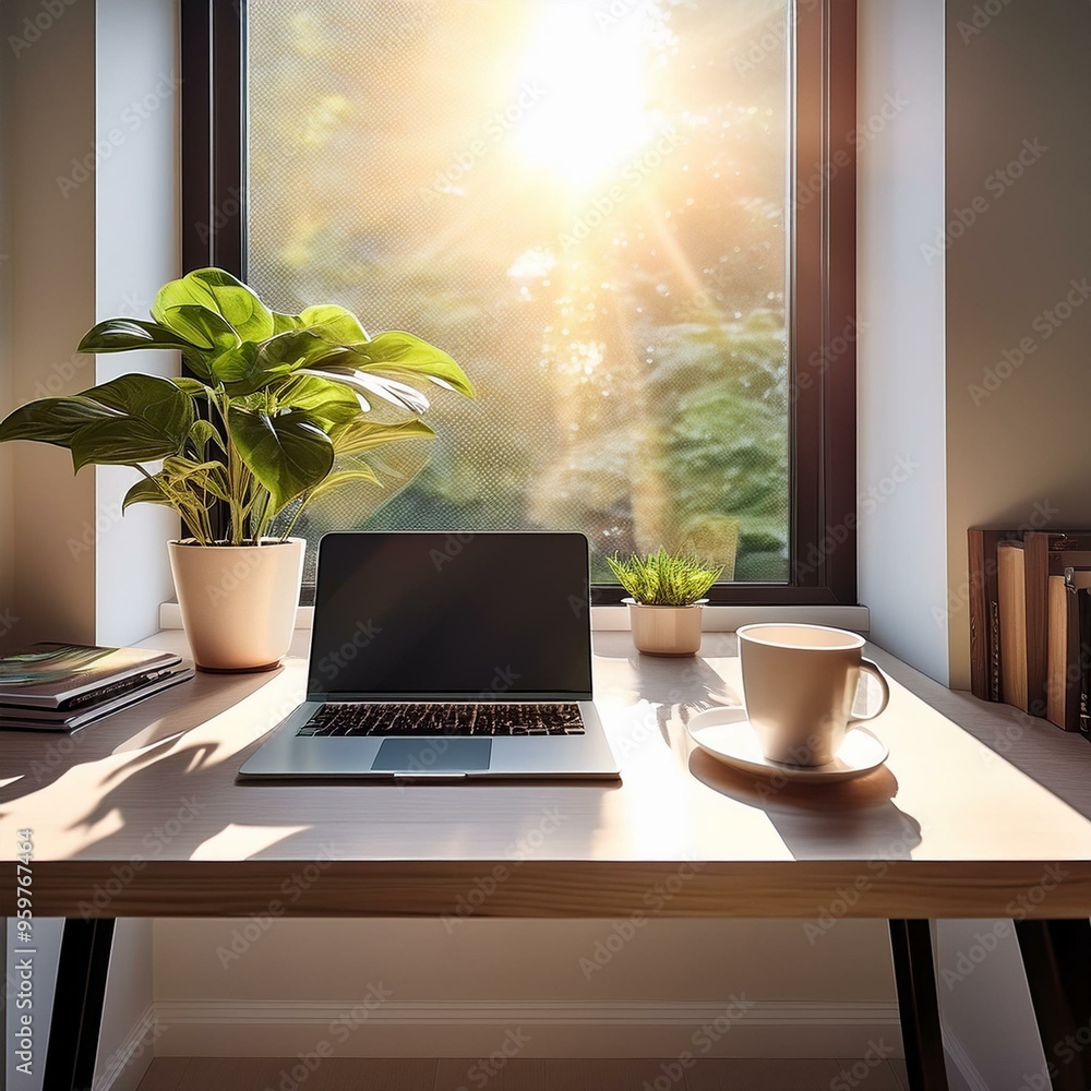 Fototapeta premium Modern Home Office Setup Minimalist home office desk with a sleek laptop, plant, coffee cup, and natural sunlight streaming through a window.