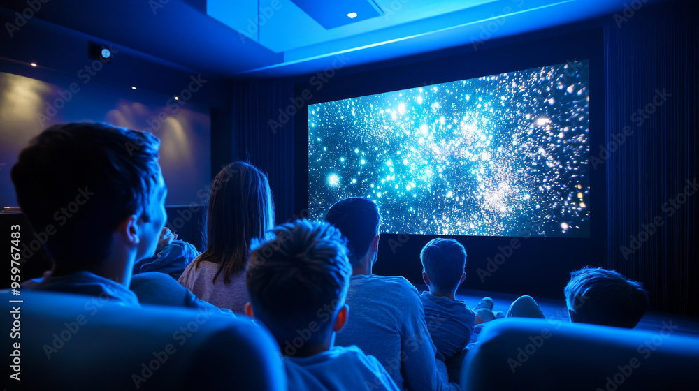 A family enjoys movie night in their smart home, captivated by stunning visuals on large screen. A family enjoys movie night in their smart home, captivated by stunning visuals on large screen.