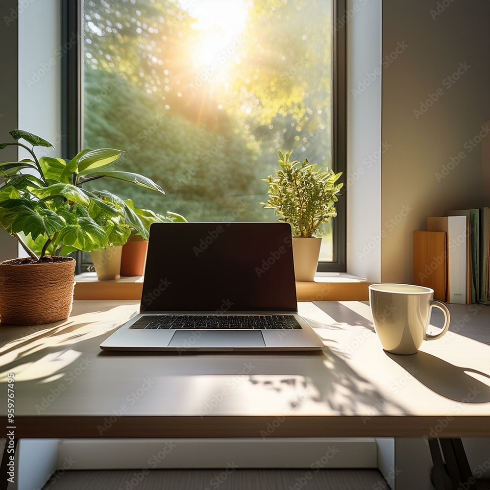 Fototapeta premium Modern Home Office Setup Minimalist home office desk with a sleek laptop, plant, coffee cup, and natural sunlight streaming through a window.