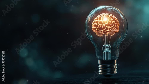A light bulb with a glowing brain inside. Symbolizing creative thinking and innovation in a business. Innovation technology digital. Icon for smart technology innovation. Modern Tech. Copy space area