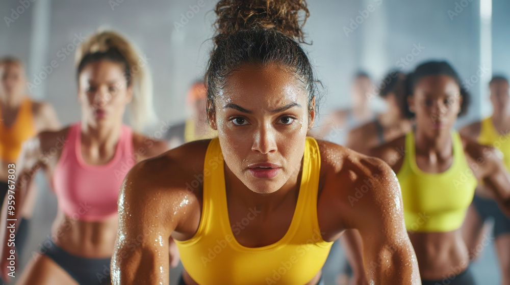 Intense focus and determination are evident in this group fitness class, showcasing participants engaged in high intensity workout. Intense focus and determination are evident in this group fitness class, showcasing participants engaged in high intensity workout.