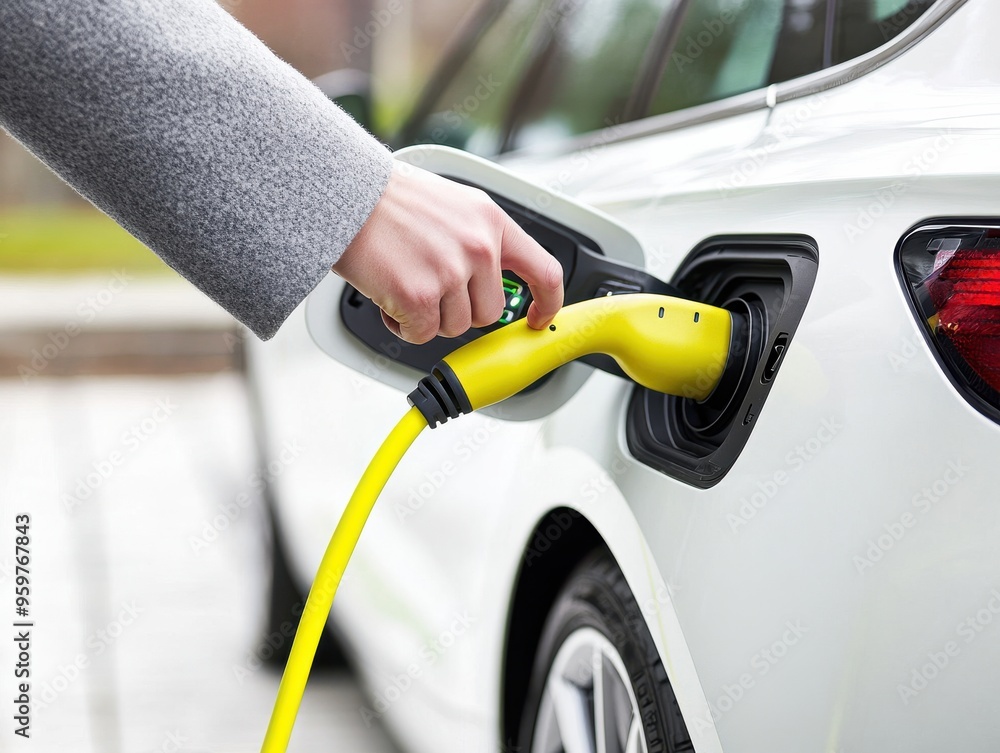 A person charging an electric vehicle with a yellow charging cable, promoting sustainable energy and modern transportation. A person charging an electric vehicle with a yellow charging cable, promoting sustainable energy and modern transportation.