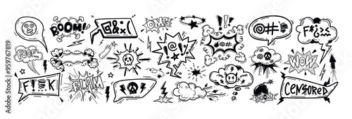Hand drawn doodle comic speech bubbles with insults, curses, swearwords, offensive language. Angry words in talk frames, dialogue box, chat balloons. Negative expressions, bad emotions with skull icon
