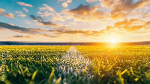 A panoramic view of football field bathed in golden sunlight, showcasing vibrant green grass and beautiful sky.