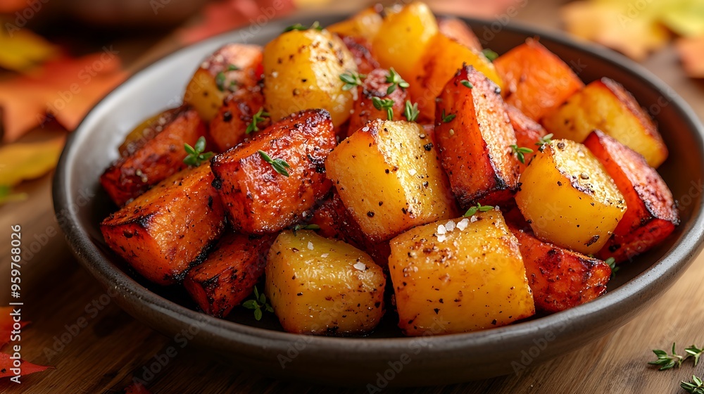 A close-up of roasted root vegetables like carrots, parsnips, and beets, garnished with fresh herbs and sea salt, set against a rustic autumn backdrop with fall leaves and a wooden table. The soft, A close-up of roasted root vegetables like carrots, parsnips, and beets, garnished with fresh herbs and sea salt, set against a rustic autumn backdrop with fall leaves and a wooden table. The soft,