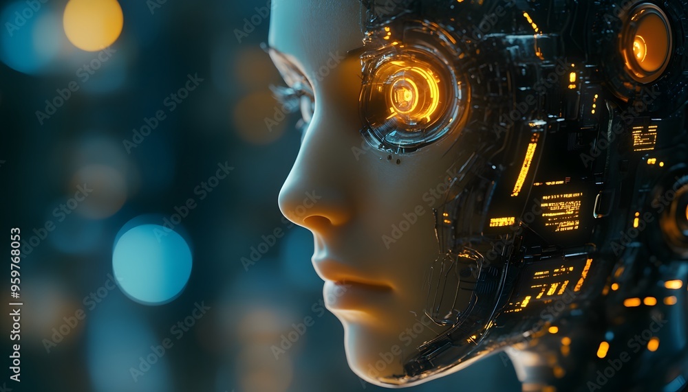 A Close-Up of a Futuristic Cyborg's Face, Featuring a Glowing Orange Eye A Close-Up of a Futuristic Cyborg's Face, Featuring a Glowing Orange Eye
