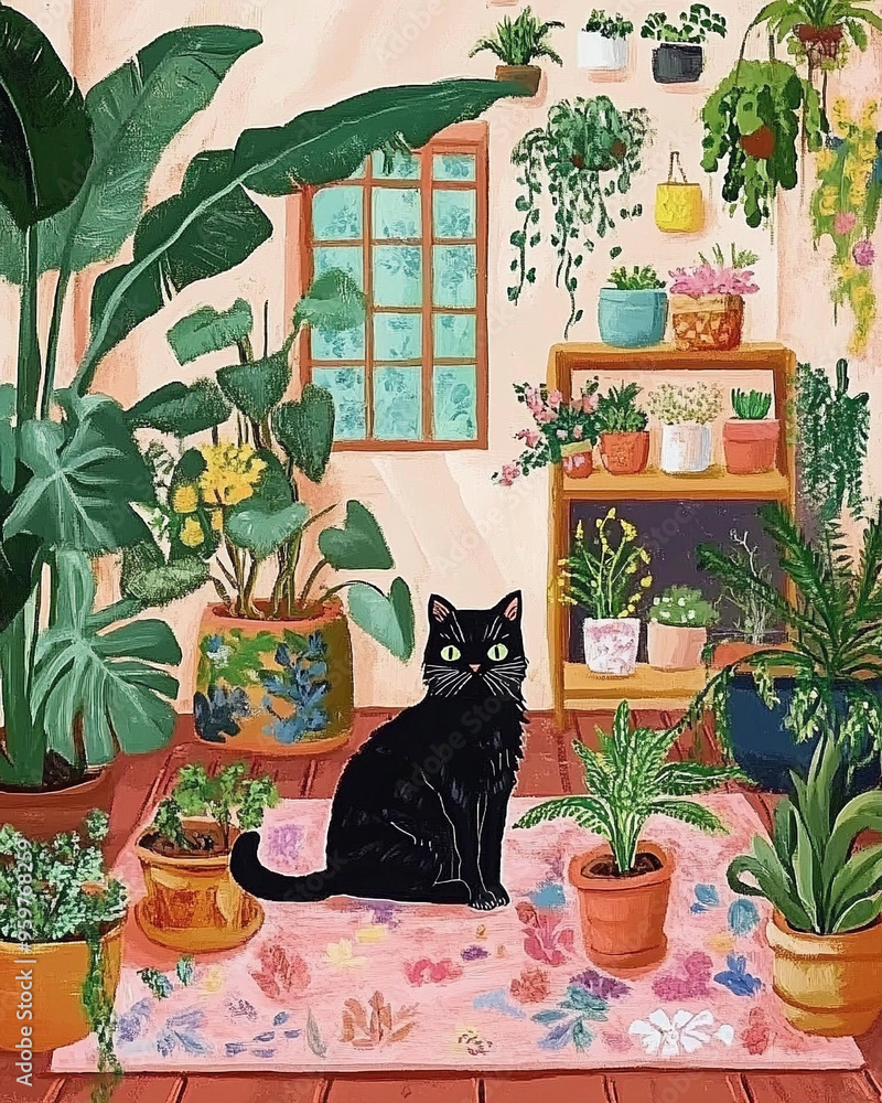 custom made wallpaper toronto digitalpainting of cat sits on the carpet surrounded by various potted plants and flowers.