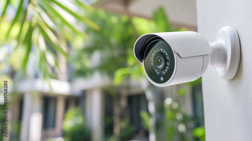 A smart home security camera mounted on exterior, providing surveillance in lush environment. This device ensures safety and peace of mind. A smart home security camera mounted on exterior, providing surveillance in lush environment. This device ensures safety and peace of mind.