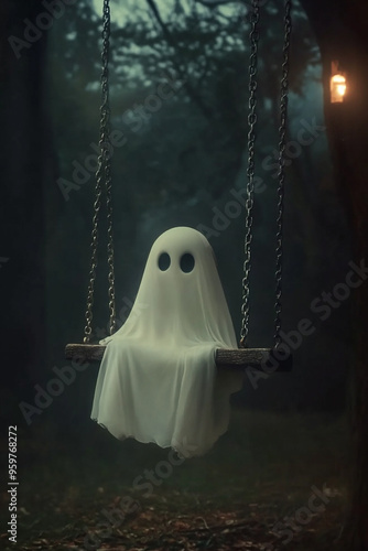 A cute ghost on an old swing, in a scary, nighttime, creepy, liminal space, like a movie still.