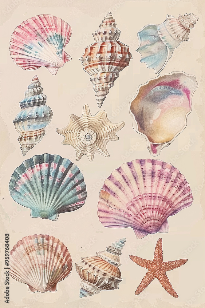 custom made wallpaper toronto digitalA vintage pastel shell illustration with a variety of shells arranged on a beige background.