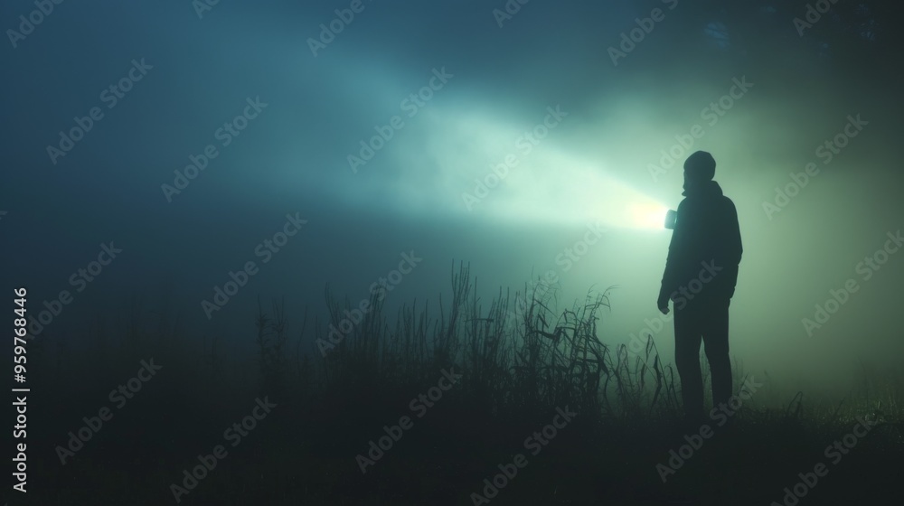 A person shines a powerful flashlight through thick fog in a dark, grassy field. The beam of light cuts through the mist, creating a dramatic, suspenseful scene perfect for themes of mystery, search A person shines a powerful flashlight through thick fog in a dark, grassy field. The beam of light cuts through the mist, creating a dramatic, suspenseful scene perfect for themes of mystery, search
