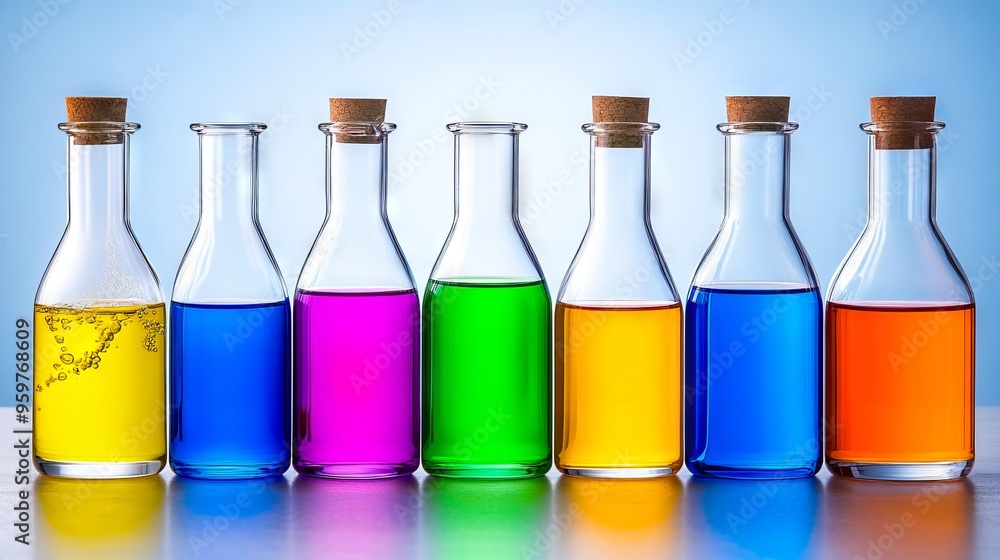 A row of glass bottles filled with different colored liquids A row of glass bottles filled with different colored liquids
