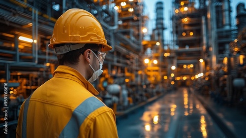 Industrial Worker: A lone worker in a yellow hard hat and safety gear stands amidst the towering structures of a refinery, his back turned, gazing at the intricate network of pipelines and machinery. 