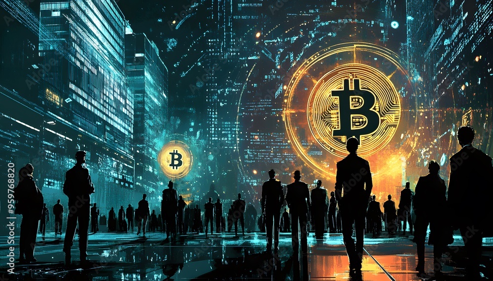 Silhouetted Figures Gaze Up at a Giant Bitcoin Symbol in a Futuristic Cityscape Silhouetted Figures Gaze Up at a Giant Bitcoin Symbol in a Futuristic Cityscape