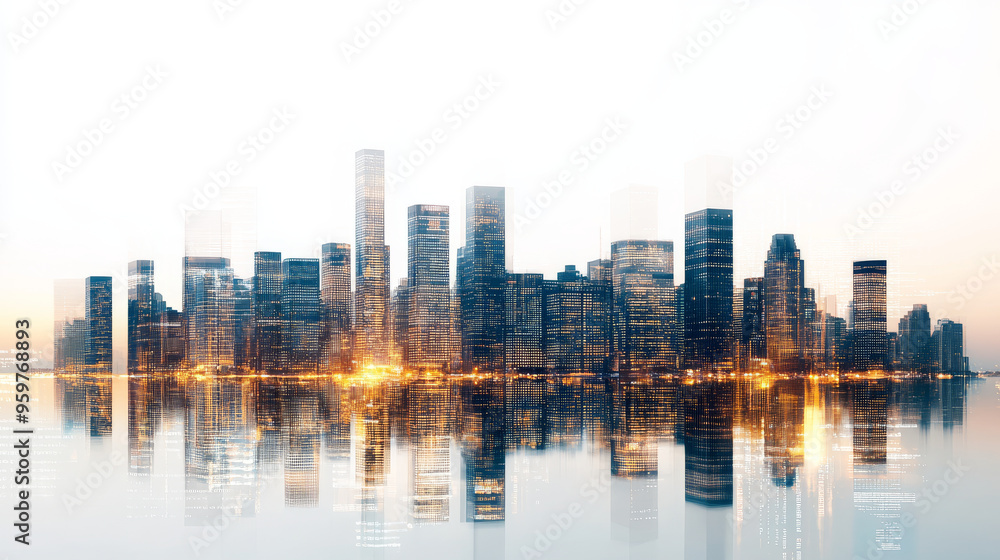 Fototapeta premium A stunning abstract view of city skyline, showcasing modern architecture and vibrant reflections on water, evoking sense of urban energy and innovation.
