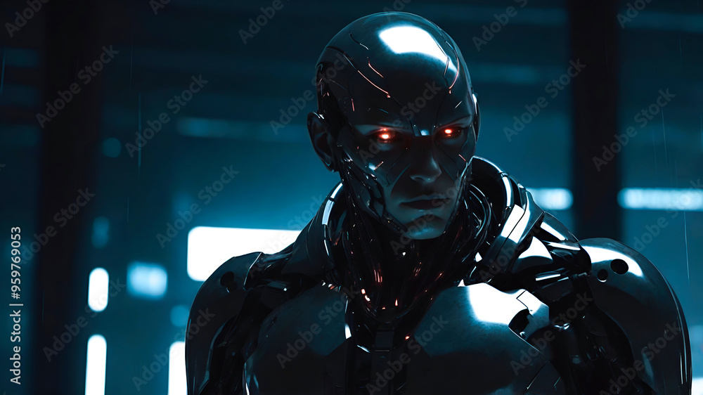 Black robot android stands with a powerful, augmented gaze. Evil humanoid cyborg Black robot android stands with a powerful, augmented gaze. Evil humanoid cyborg