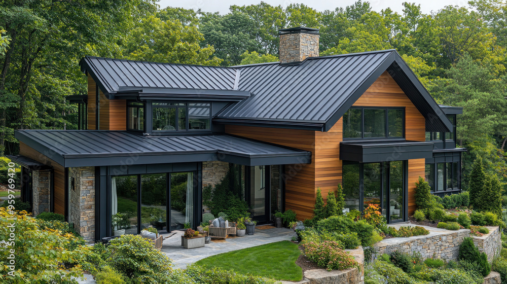 Black metal roof energy efficient, showcasing a home designed for maximum efficiency, with roofing that enhances insulation and reduces energy costs Black metal roof energy efficient, showcasing a home designed for maximum efficiency, with roofing that enhances insulation and reduces energy costs