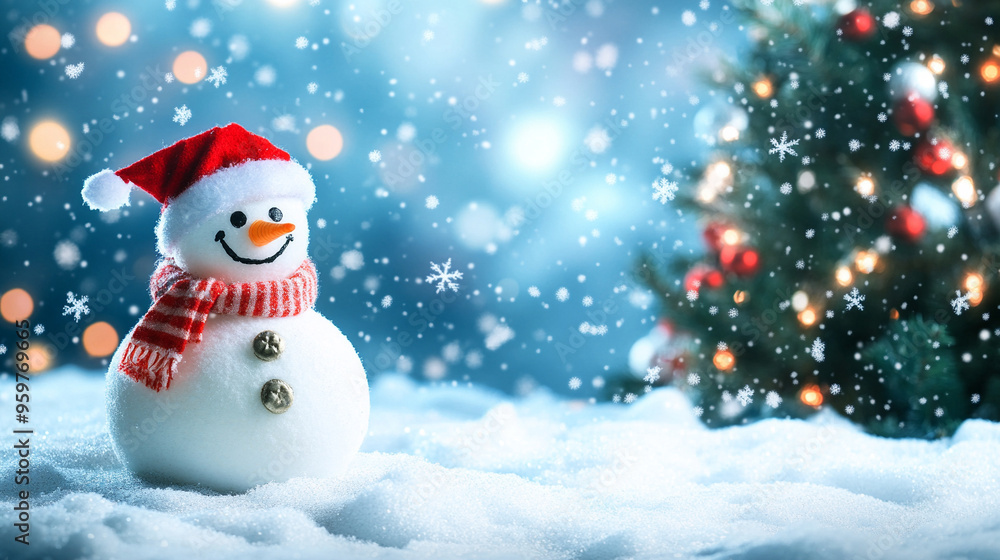 snow man on snow floor and christmas tree snow man on snow floor and christmas tree