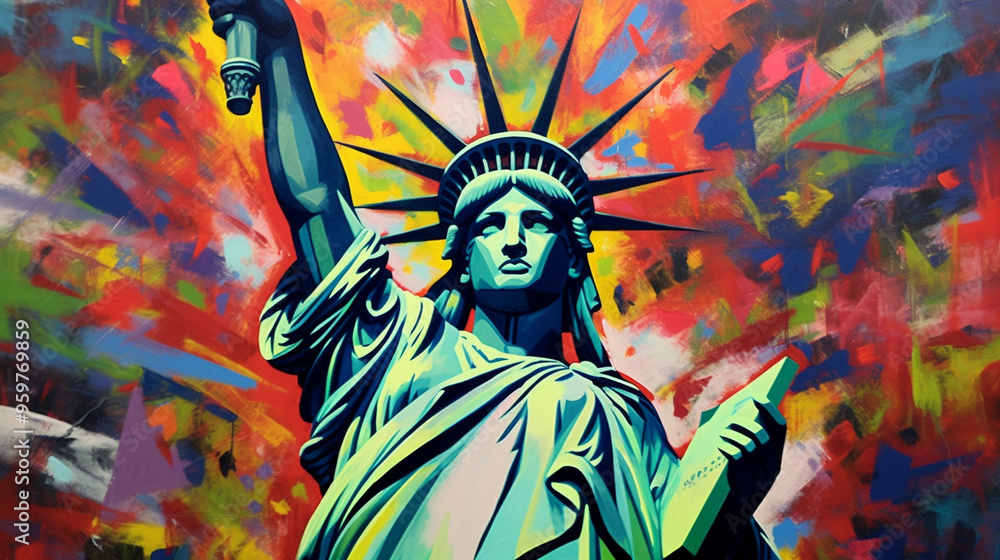 Obraz premium acrylic paint the statue of liberty painting, in the style of fauvist color scheme, nyc explosion coverage