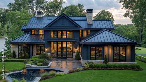 Black metal roof house, showcasing the sharp, clean lines of a standing seam metal roof on a stylish residential building