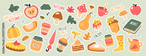 Cute autumn fall daily planner stickers. Season journal diary labels, cozy scrapbook icon set for bullet journals, notebook, diaries or calendar. Notebook decor print pack with pumpkin, leaves, acorns
