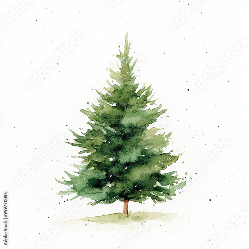 Watercolor of Simple Christmas Nordic tree, ultra white background, spaced out, cute, simple