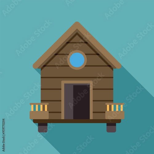 Illustration featuring a wooden beach hut standing on stilts over water, evoking a relaxing vacation atmosphere