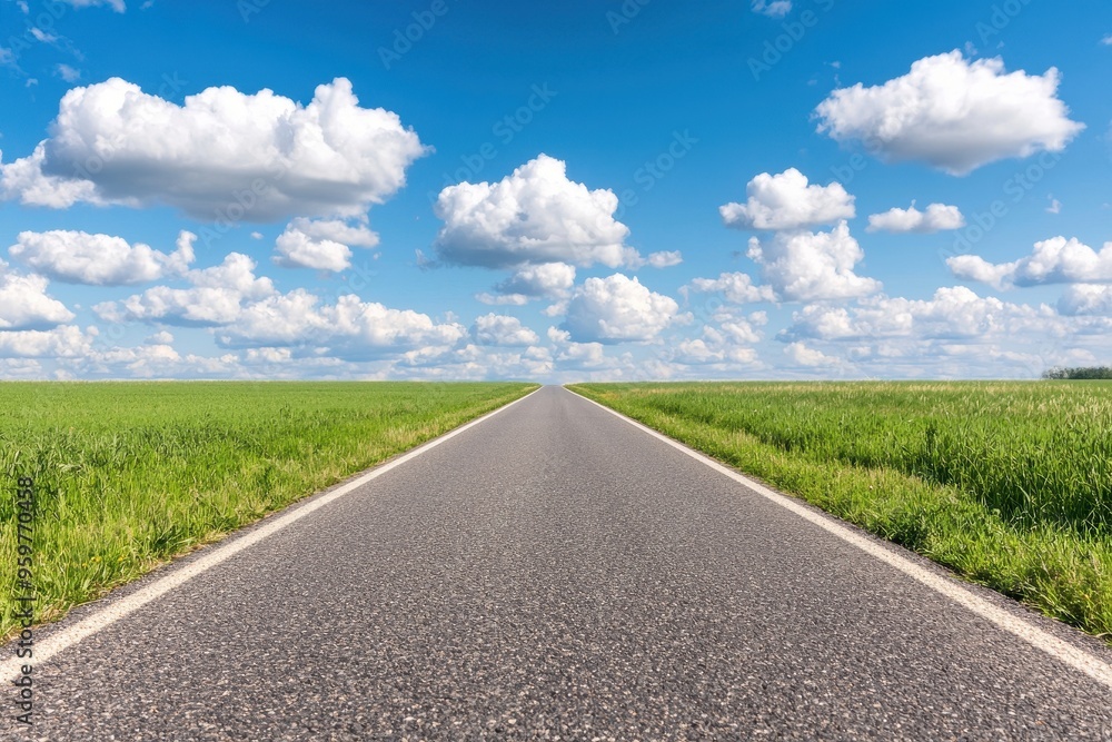 A picturesque highway stretches into the horizon, surrounded by lush green fields and a vibrant blue sky filled with fluffy clouds. A picturesque highway stretches into the horizon, surrounded by lush green fields and a vibrant blue sky filled with fluffy clouds.