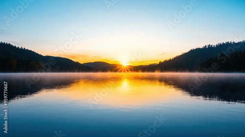 Wallpaper Mural A serene lake at sunrise, reflecting vibrant colors of dawn with mist rising and mountains in the background, perfect for tranquility. Torontodigital.ca