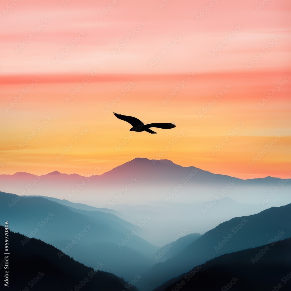 Naklejka premium A silhouette of a bird soaring over misty mountains at sunrise, creating a serene and tranquil atmosphere.
