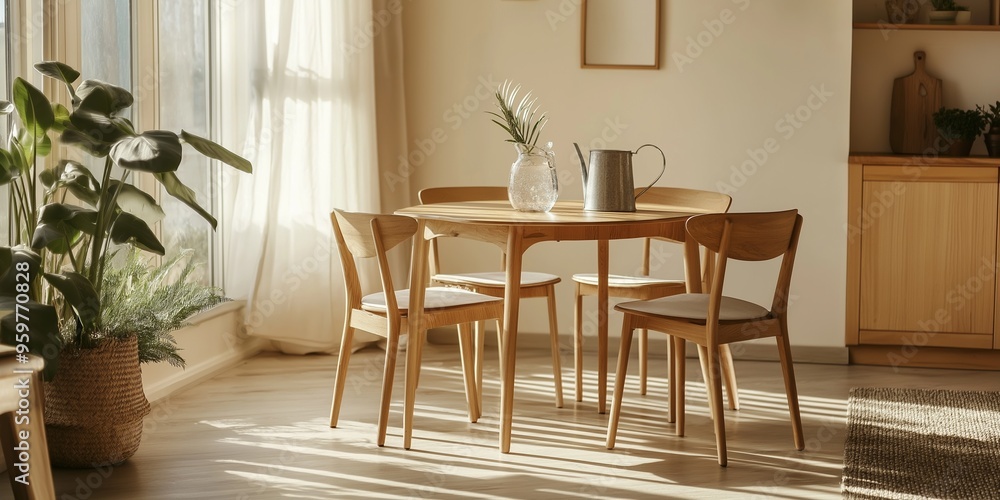 Fototapeta premium A wooden dining table with four chairs around it and a vase of flowers on it. The room is bright and airy, with a large window letting in plenty of natural light