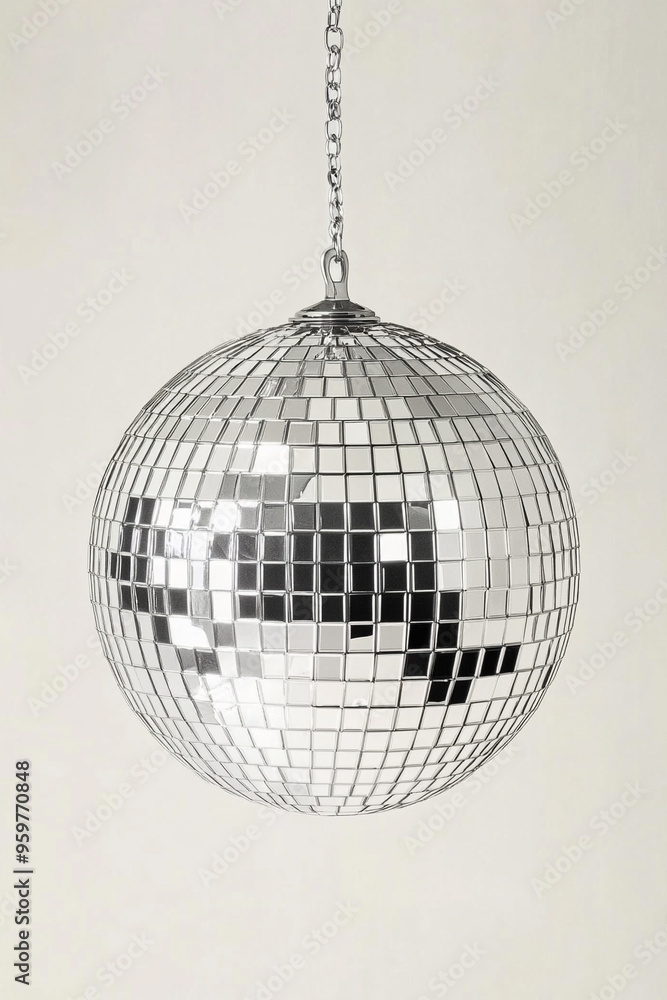Fototapeta premium A photorealistic, hyperrealistic disco ball, hanging from a chain against a white background