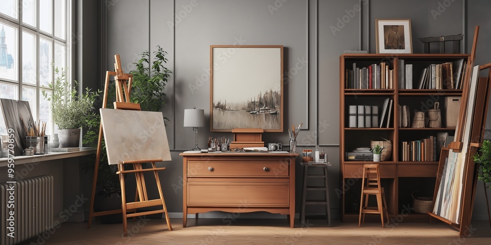 Fototapeta premium A room with a painting on the wall and a desk with a lamp. The room is filled with books and a potted plant. The mood of the room is calm and peaceful, with a focus on creativity and relaxation