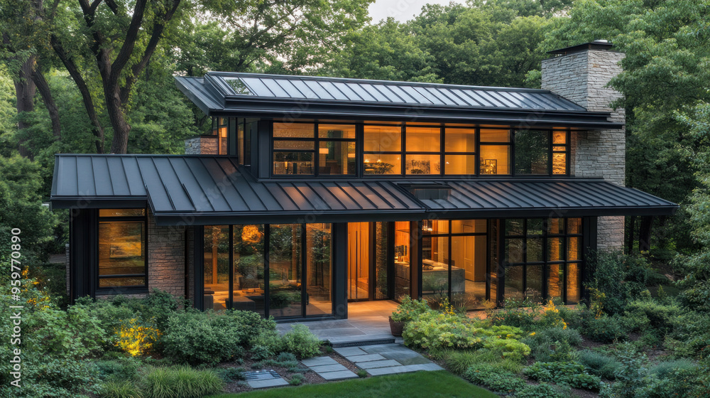 Black metal roof passive house, focusing on a home designed for maximum energy efficiency, with a sleek, contemporary roof that contributes to its low energy consumption Black metal roof passive house, focusing on a home designed for maximum energy efficiency, with a sleek, contemporary roof that contributes to its low energy consumption