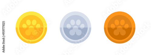 Paw coins Set Icons. Bronze, silver and gold icons. Flat style. Vector icons.