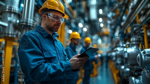 Industrial Technician: A focused industrial worker checks a tablet in a bustling factory setting, showcasing a vital cog in modern manufacturing, with his colleagues in the background.