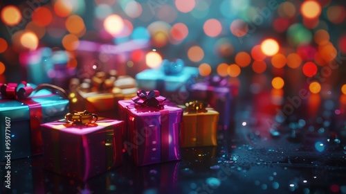 colorful gift boxes with ribbons and bows on dark background