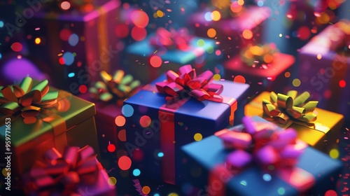 colorful gift boxes with ribbons and bows on dark background