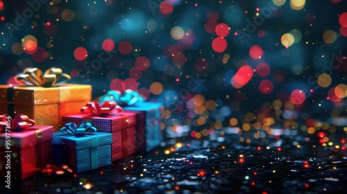 colorful gift boxes with ribbons and bows on dark background