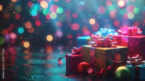 colorful gift boxes with ribbons and bows on dark background