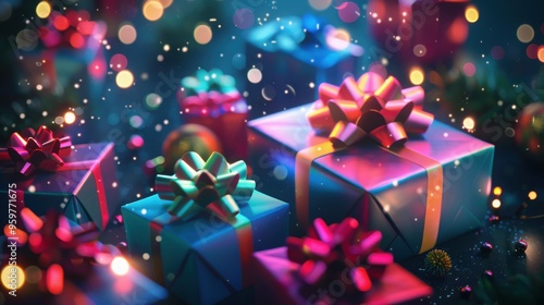 colorful gift boxes with ribbons and bows on dark background