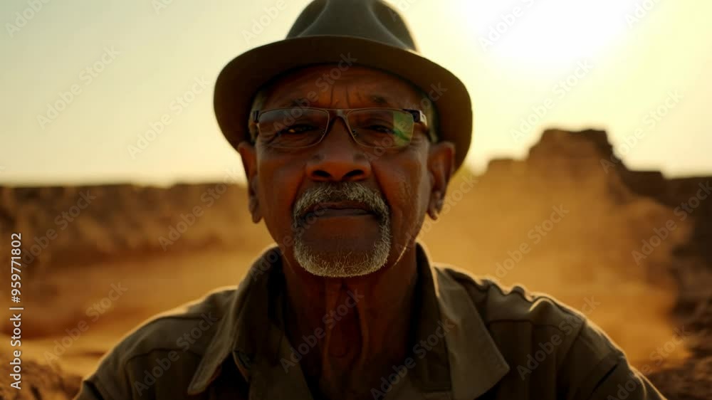 A static video of a mysterious 65-year-old Black male archaeologist looking at the camera while shooting, standing on the dusty excavation site background, examining an artifact. A static video of a mysterious 65-year-old Black male archaeologist looking at the camera while shooting, standing on the dusty excavation site background, examining an artifact.