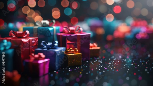 colorful gift boxes with ribbons and bows on dark background