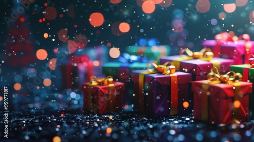 colorful gift boxes with ribbons and bows on dark background